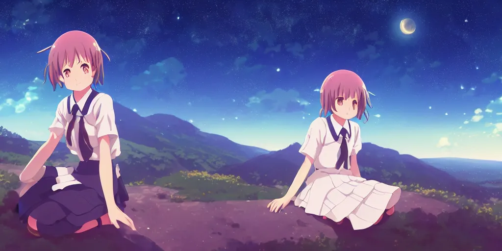 Image similar to a schoolgirl girl sat on the hillside and looked at the stars in the night sky, beautiful moonlight, rich vivid colors spectacular milky way, shining meteor, pale blue light from the moon, ambient lighting, dynamic lighting, official media, anime key visual, detailed, artwork by makoto shinkai. - h 5 7 6