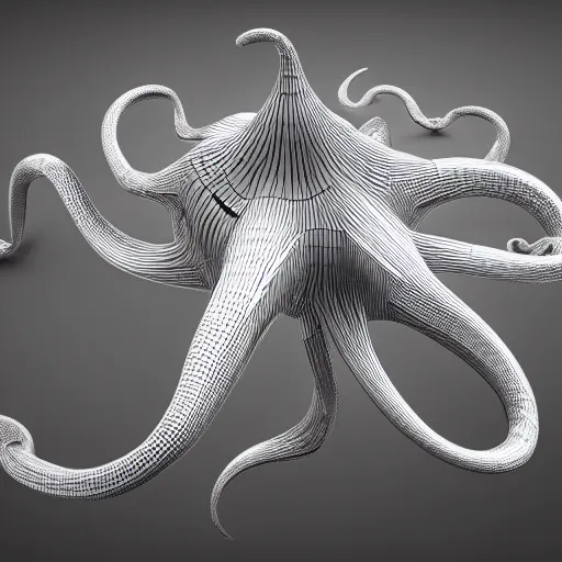 Image similar to complex floating abstract 3 d object in frontal view, ultra rendered extreme realism and detail, 8 k, highly detailed, realistic, pbr, oktane render, biomorphic, symmetrical, looks like a futuristic octopus,