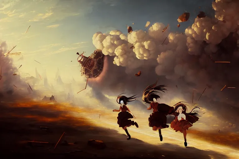 Image similar to baroque oil painting of anime key visual concept art of anime maids running away from the hindenburg disaster, smoke debris, grimdark steampunk fantasy, pleasant battlefield, trending on artstation, brush strokes, oil on canvas, style of makoto shinkai and greg rutkowski and studio ghibli