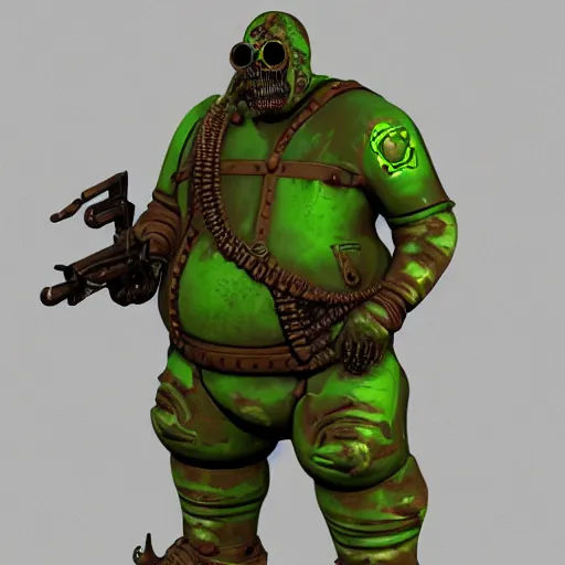 Prompt: highly detailed steampunk morbid obese undead heavy soldier with heavy machine guns, intricate, rusty, green radioactive glow, toxic waste, 3D render