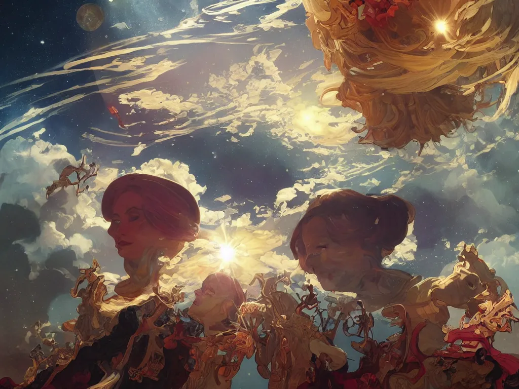 Image similar to A beautiful painting of a five big planets, shining its light, There are five planets that are black, white, yellow, red, and blue, Trending on artstation, concept art, highly detailed, art by Sam Youn and Fernanda Suarez and Artem Demura and alphonse mucha