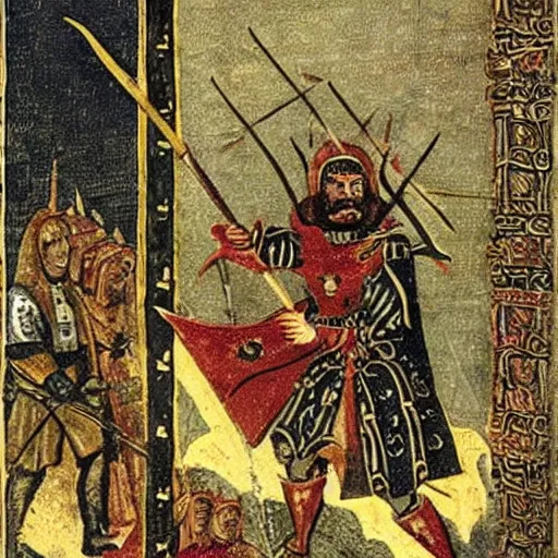 Prompt: photo of a armoured vlad the impaler hold a holy spear