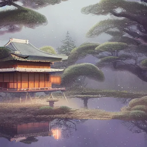 Image similar to a detailed watercolor and matte painting of a japanese tea house surrounded by trees, by Mike Winkelmann, cgsociety, fantasy art