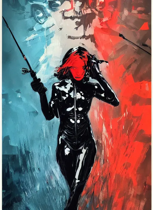 Prompt: senz umbrella, held by black leather suit supermodel in a still from death stranding ( 2 0 1 9 ) action game, by ashley wood, yoji shinkawa, jamie hewlett, 6 0's french movie poster, french impressionism, vivid colors, palette knife and brush strokes, concept art