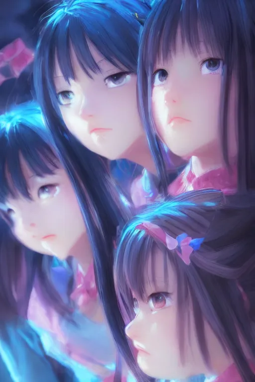 Prompt: 3d infrared octane render concept art by Mo Xiang Tong Xiu, by Igarashi Daisuke, by makoto shinkai, cute beauty cozy portrait anime schoolgirls under dark pink and blue tones, mirror room. light rays. water bellow. pretty realistic face. pretty sad macro eyes. dramatic light, trending on artstation, oil painting brush