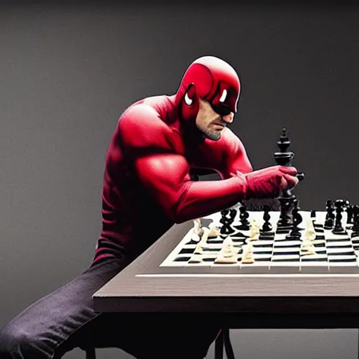 Image similar to daredevil from marvel playing chess, octane, realistic photograph