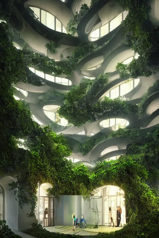 Image similar to extremely detailed awe stunning beautiful futuristic smooth organic apartment building at night, translucent orbs, hyper real, greenery, 8k, colorful, 3D cinematic volumetric light, atmospheric light, studio ghibli inspired, fantasy LUT, high contrast, epic composition, sci-fi, dreamlike, surreal, angelic,