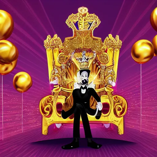 Image similar to cartoon of a shining majestic throne made of millions of diamonds, gold and zaphires with thousands of light reflections, and a clown on a tuxedo suit is sitting on the throne while handing a golden balloon, dramatic light