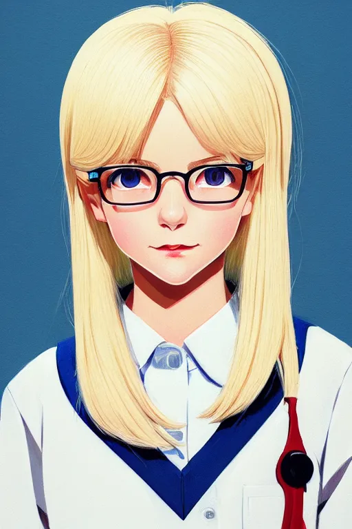 Image similar to a headshot of a very happy cute girl with shoulder - length white hair wearing school uniform, sharp focus, illustration, morandi color scheme, art station, high detailed, by ilya kuvshinov