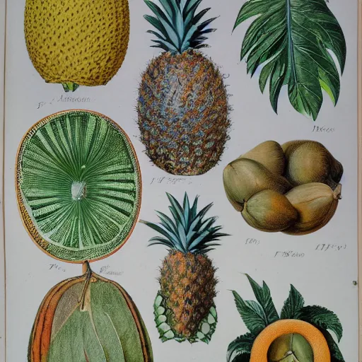 Prompt: botanical illustration of several tropical fruits