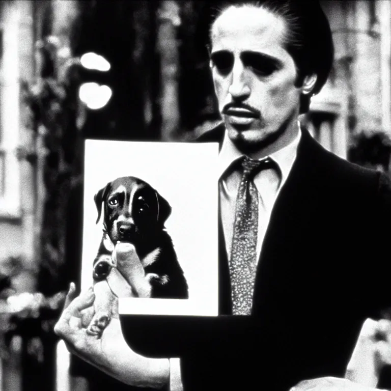 Prompt: man holding a dog photograph, the godfather film screencap, 1 9 7 2