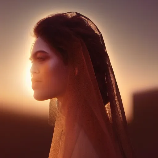 Image similar to closeup portrait of a stunningly beautiful female, silk veil at sunset, fashion photoshoot, by edward robert hughes, annie leibovitz and steve mccurry, david lazar, jimmy nelsson, breathtaking, 8 k resolution, extremely detailed, beautiful, establishing shot, artistic, hyperrealistic, beautiful face, octane render