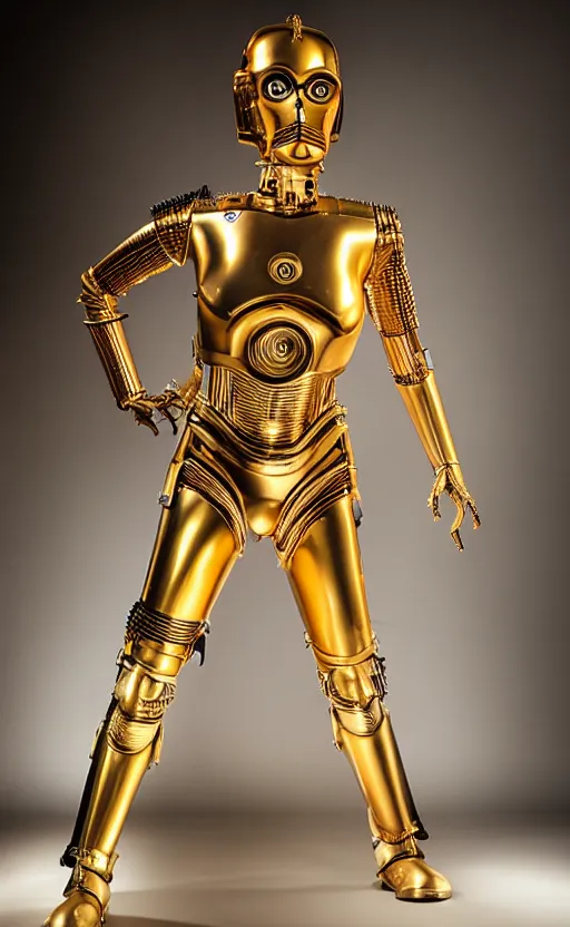 Image similar to female version of c 3 po, promotional photo, studio lighting