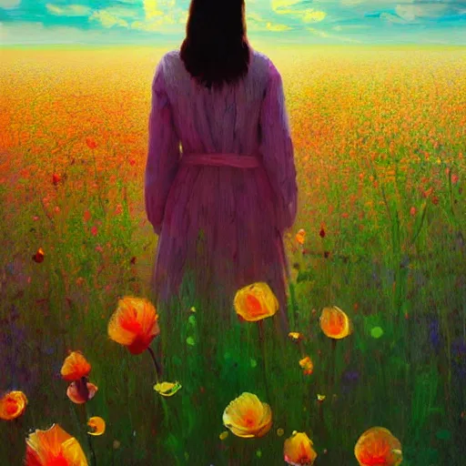 Image similar to woman with flower as face, surreal photography, standing in flower field, sunrise dramatic light, impressionistic painting, colorful clouds, artstation, dali, simon stalenhag