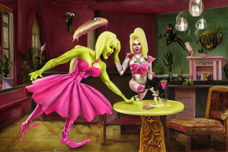 Image similar to Angelyne fights Scorpion from Mortal Kombat in the tea room, painted by mark ryden