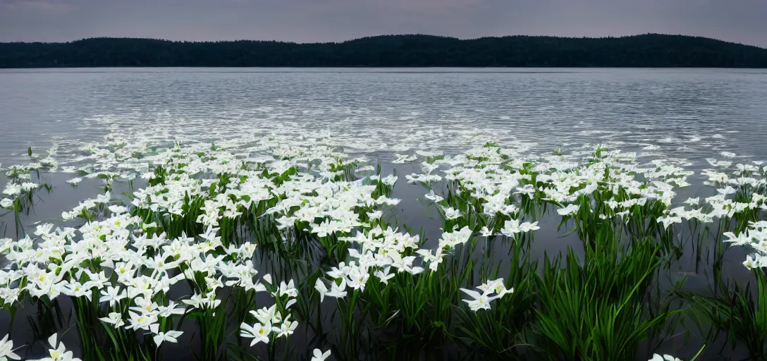 Image similar to lilys floating on a lake, panoramic, concept art, high detail, lake, white flower lily, white petals, gentle, peaceful, beautiful,