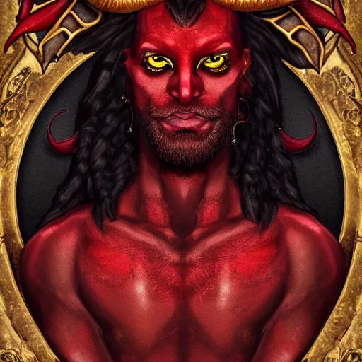 Image similar to dnd style portrait of a tiefling, male, red scales, red skin, a big black beard, completely golden eyes, 2 black ram horns growing out of his forehead,