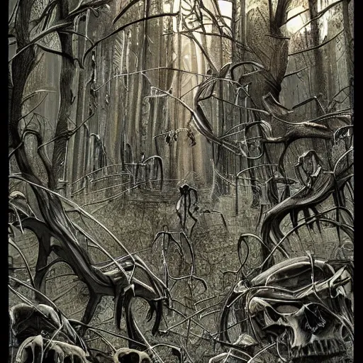 Prompt: exotic forest of bones and spiderwebs, post apocalyptic, hyper detailed