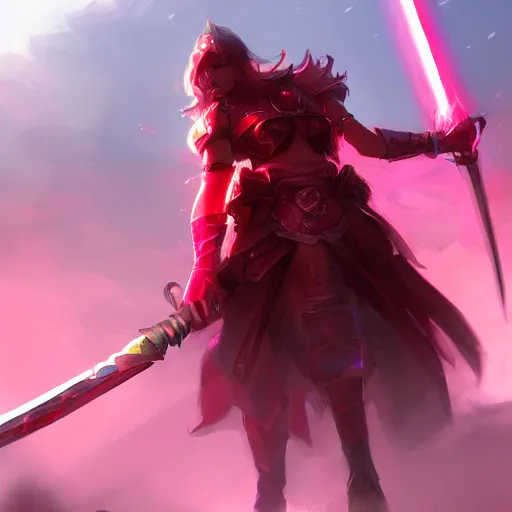 Prompt: a ruby sword concept art giving off red glow haze, epic shot, 4k detailed, artstation, illustration,