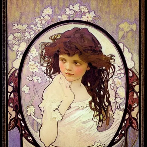 Image similar to art nouveau painting by Alphonse Mucha of a little girl with curly brown hair framed by flowers. Soft, muted colors, dreamy aesthetic.