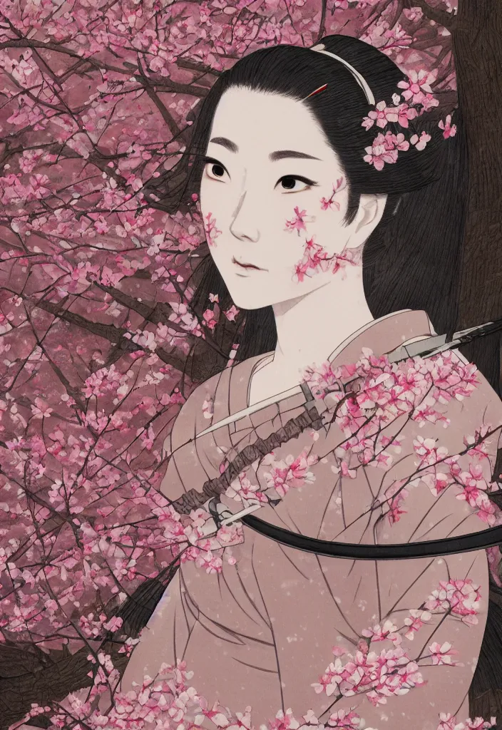 Image similar to detailed portrait of girl samurai in hakama with swords and rifles, in snow forest sakura cherry blossom, taisho roman, trending on artstation, elite, elegant, luxury, perfect face, fine details, realistic shaded, fine - face, pretty face