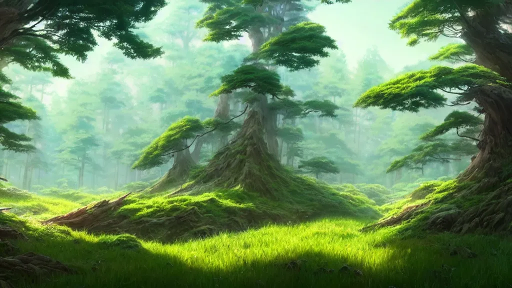 Image similar to forest clearing landscape, studio ghibli, pixar and disney animation, sharp, rendered in unreal engine 5, highly detailed, digital painting, artstation, concept art, smooth, sharp focus, illustration, wide angle, artbook, wallpaper, splash art, promo art, dramatic lighting, art by artgerm and greg rutkowski and bo chen and jin xiaodi