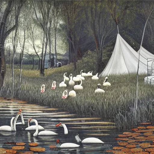 Prompt: painting hr giger tent in a landscape, swans in a pond, floral ornaments light beams night, tomas sanchez