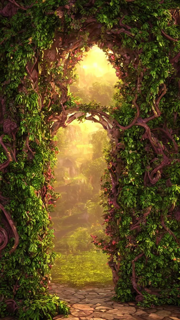 Prompt: fantasyland through a magical doorway, ornate, intricate, detailed, nature, vines, golden light, 3 d render, highly stylized