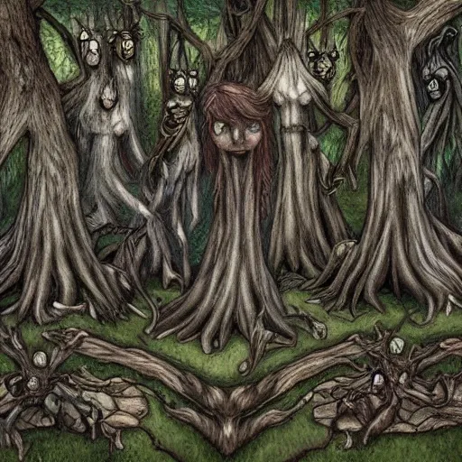 Prompt: dark and twisted sprites and dryads who live in dark and haunted woods