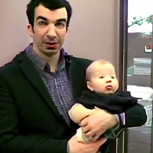 Prompt: cctv of Nathan fielder holding a baby