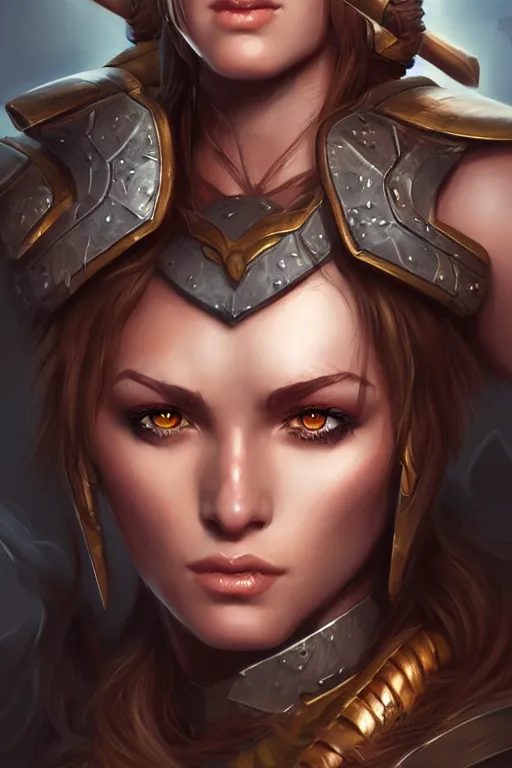 Image similar to head and shoulders portrait of a barbarian, female, high fantasy, d & d, by artgerm, face details, extremely detailed, digital illustration
