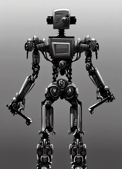 Image similar to robot character with game weapons, trending on artstation, by nixeu