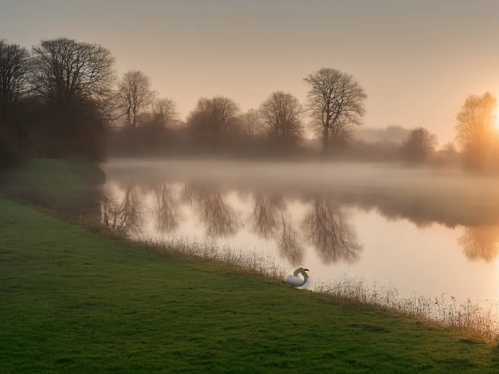 Prompt: A landscape photo taken by Kai Hornung of a river at dawn, misty, early morning sunlight, cold, chilly, two swans swim by, rural, English countryside