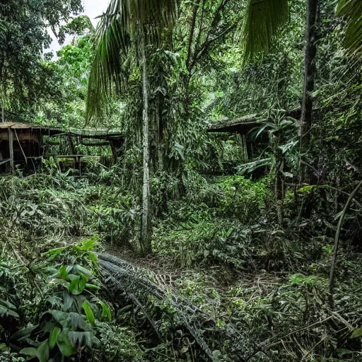 Prompt: an abandoned themepark in the middle of jungle, moody, monkies walking around, very late at night, sty full of skies, atmospheric, scary