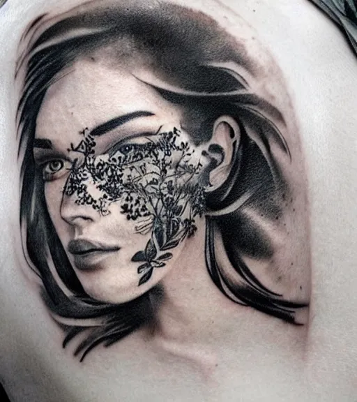 Image similar to realism tattoo sketch of a beautiful woman's face double exposure effect with beautiful nature scenery, in the style of matteo pasqualin, amazing detail, sharp, faded