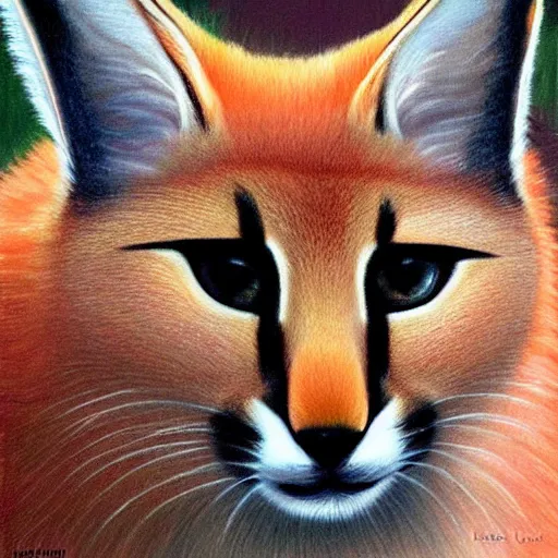 Image similar to cute fluffy caracal, painting by keith parkinson