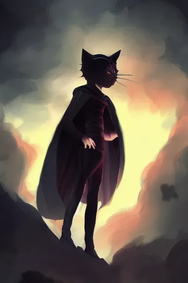 Image similar to little boy with cat ears in an black outfit with red cape. digital artwork made by lois van baarle and kentaro miura and marc simonetti, sharpness focus, inspired by hirohiko araki, anatomically correct, heroic composition, hero pose, smooth, concept art