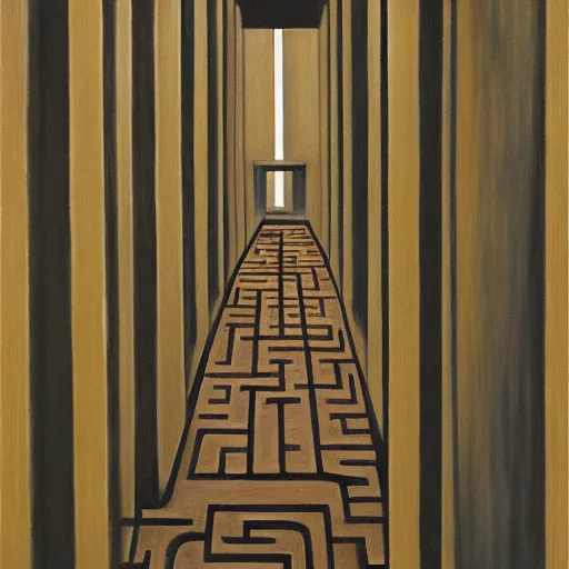 Image similar to first person view of a stark concrete maze, soy sauce brewery, grant wood, pj crook, edward hopper, oil on canvas