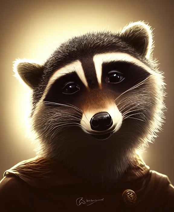 Image similar to cute anthropomorphic raccoon by charlie bowater and anna dittmann and artgerm and clemens ascher, portrait, intricate, elegant, product shot, macro, symmetrical face, highly detailed, dramatic lighting, sharp focus, octane render, trending on artstation, artstationhd, artstationhq, unreal engine, 4 k, 8 k