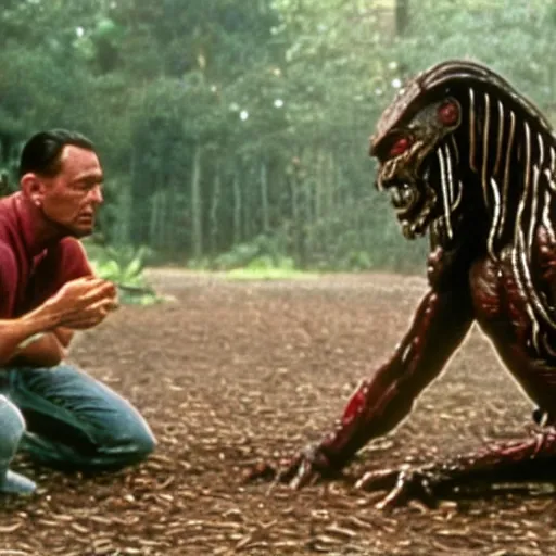 Image similar to movie still from forest gump with yautja predator monster