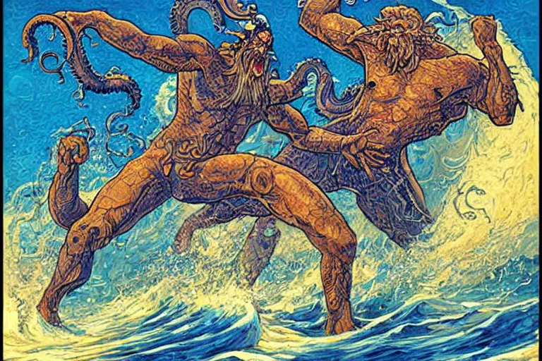 Prompt: a poseidon - android fighting with kraken, artwork by jean giraud