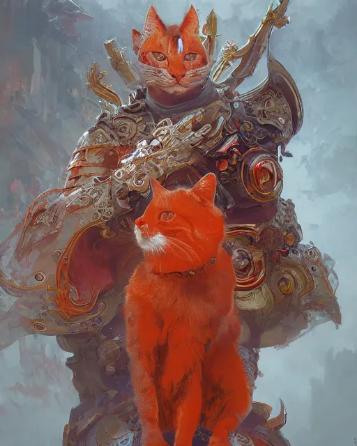 Image similar to A Full View of an orange cat wearing red and gray magical ornate armor. Orange Wizard. masterpiece 4k digital illustration by Ruan Jia and Mandy Jurgens and Artgerm and greg rutkowski and Alexander Tsaruk and WLOP and Range Murata, wizards of the coast, magic the gathering, award winning, Artstation, art nouveau aesthetic, Alphonse Mucha background, intricate details, realistic, panoramic view, Hyperdetailed, 8k resolution