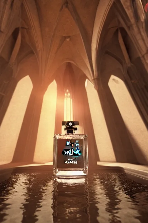 Prompt: Chanel no. 5 square bottle, levitating, over pool of liquid, inside cathedral, baroque, low shot, telephoto lens, dramatic, cinematic, glints of light, god rays, atmospheric, rendered in Unreal engine 5