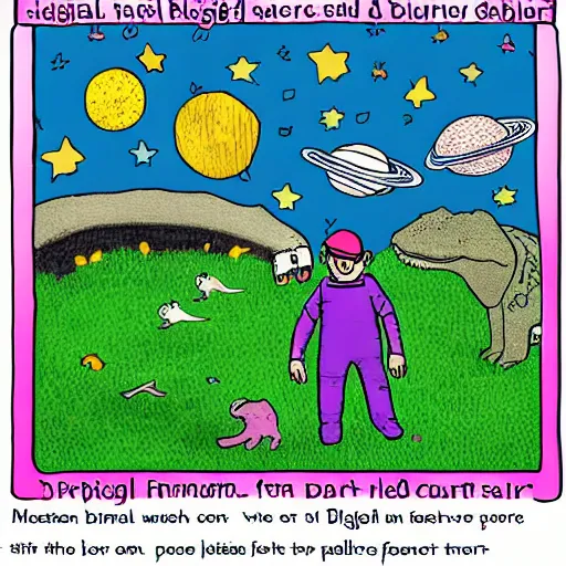 Image similar to digital art, farmer recollecting planets for a big crocodile that is waiting to eat them with a pink bib of a bear