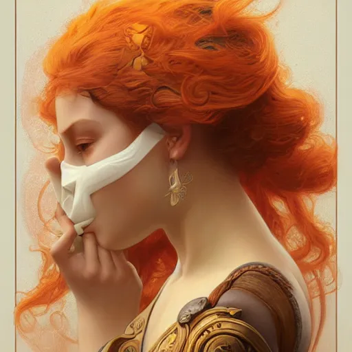 Prompt: portrait of a norse moon goddess with orange skin and a ceramic face mask, intricate, elegant, highly detailed, digital painting, artstation, concept art, smooth, sharp focus, illustration, art by artgerm and greg rutkowski and alphonse mucha and william - adolphe bouguereau