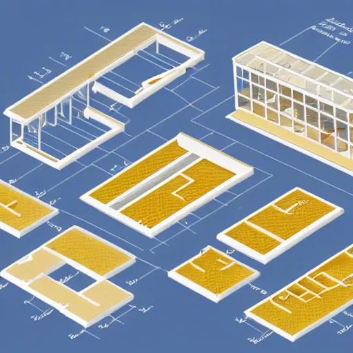 Image similar to isometric art blueprints of an ikea store with labels detailed technical drawing