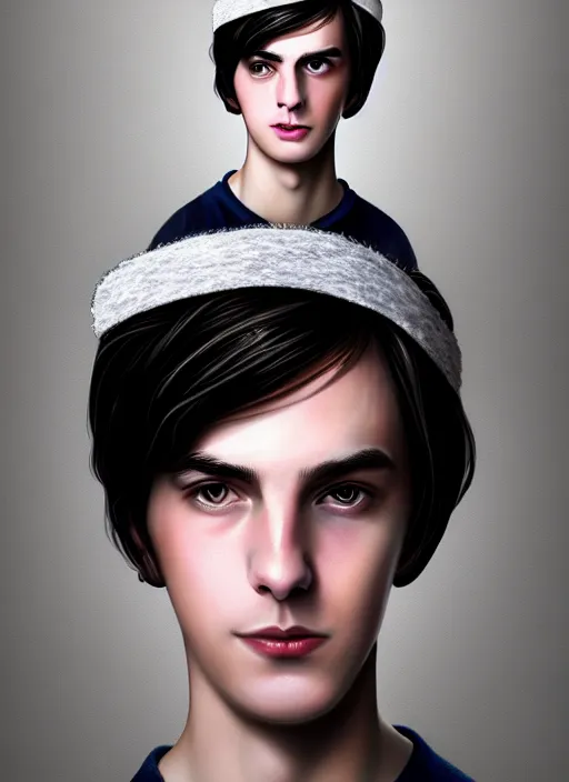 Image similar to portrait of teenage jughead jones wearing a light grey crown, photorealistic, crown made of fabric, crown, crown made of felt, black hair, intricate, elegant, highly detailed, digital painting, glowing lights, artstation, concept art, smooth, sharp focus, illustration, art by wlop, mars ravelo and greg rutkowski
