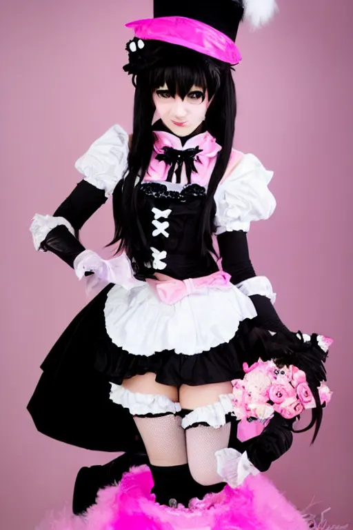 Prompt: Anime Catgirl with black fur, pink hair, and pink eyes in Gothic Lolita maid costume wearing small top hat