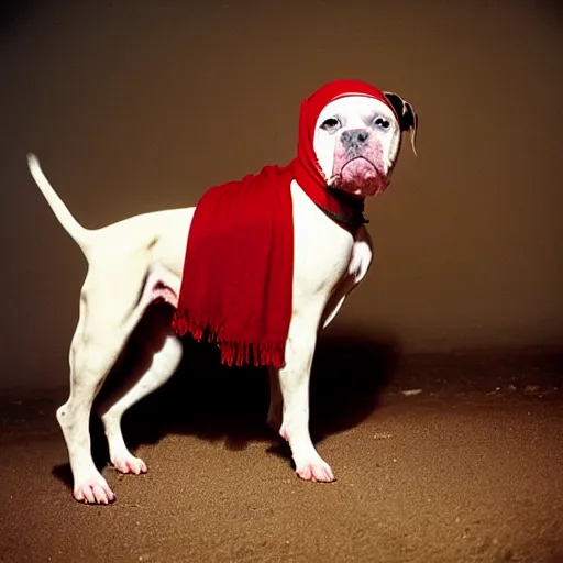 Image similar to portrait of american bulldog as afghan puppy, green eyes and red scarf looking intently, photograph by steve mccurry