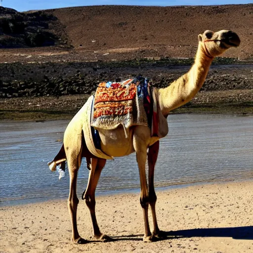 Image similar to a three legged camel at the seaside